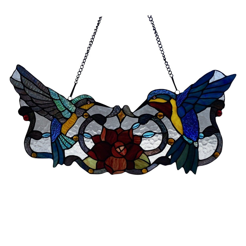 Hummingbird Stained Glass Hanging - A beautiful stained glass artwork featuring graceful hummingbirds in flight