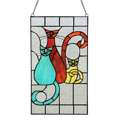 Stained Glass Cat Coy Trio Window Panel - Three lifelike cats in stained glass. - Every Girl Loves Sparkles