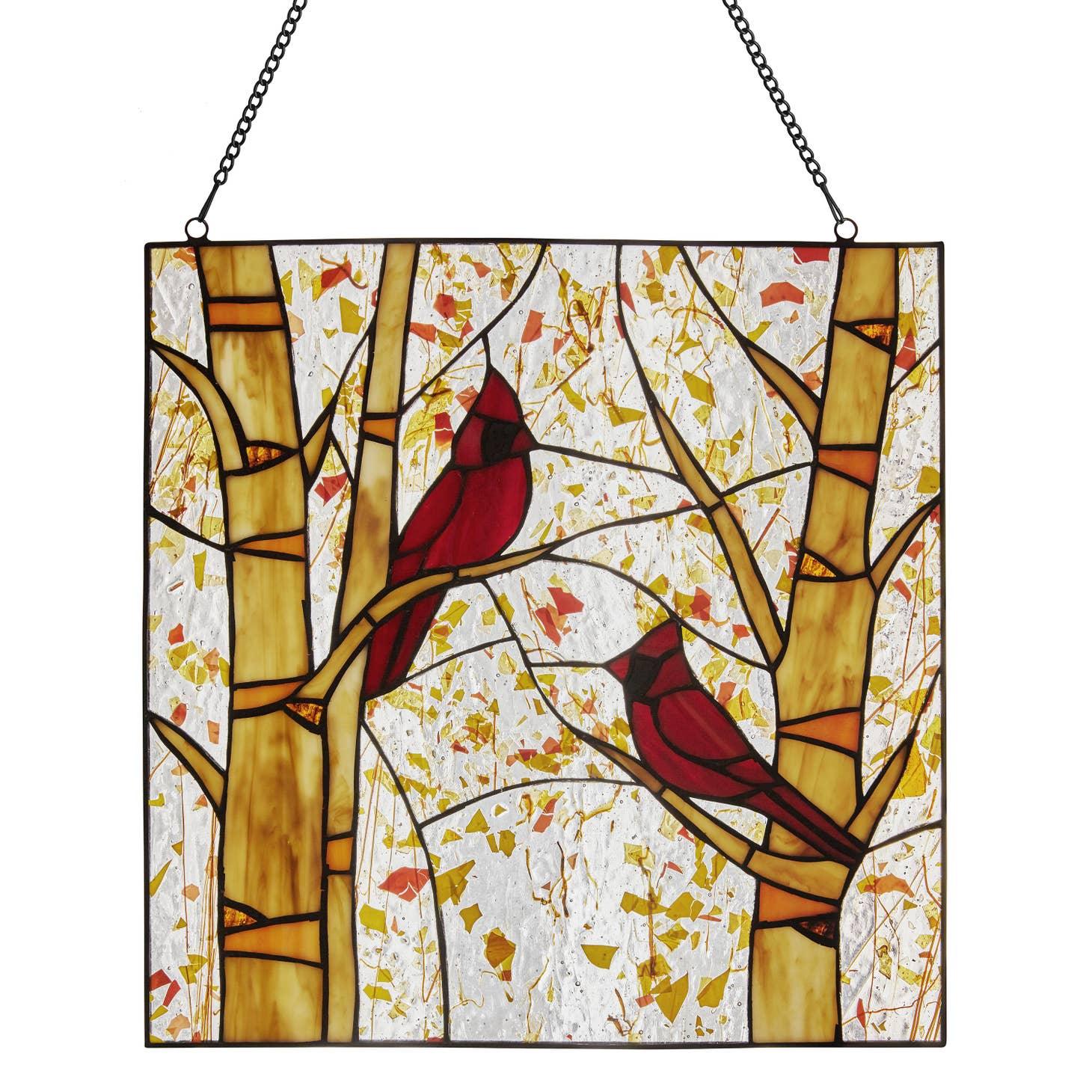 Stained Glass Window Panel with Red Cardinals in Autumn - Bird Stained Glass Art - Every Girl Loves Sparkles