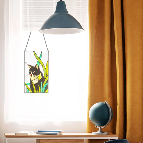 uxedo Cat Stained Glass Window Panel - A clear stained glass panel featuring a charming fat tuxedo cat design