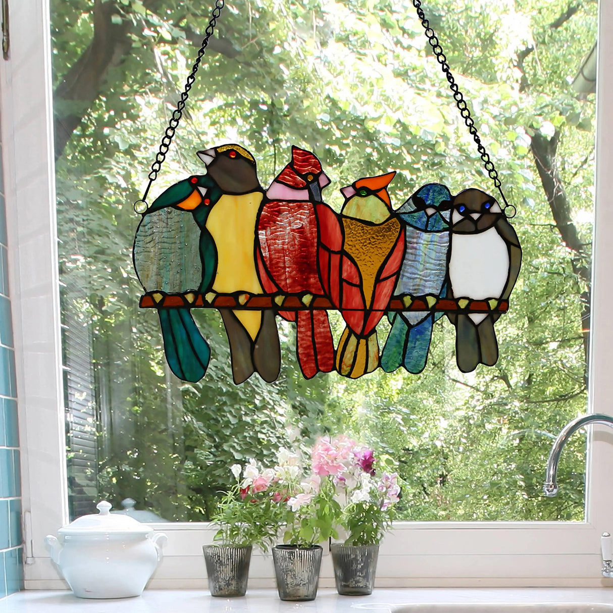 Suncatcher Glass Decor  Colorful birds on a wire stained glass Window  Hanging – Every Girl Loves Sparkles Home Decor