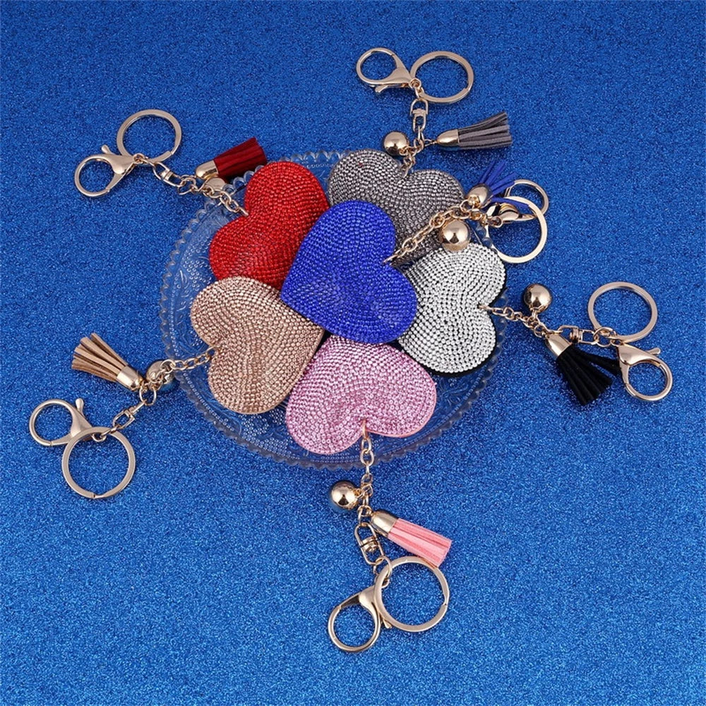 Colorful Heart Rhinestone Keychain Leather Tassel Keyring
