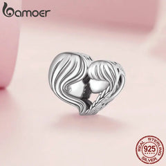 Bamoer 925 Sterling Silver Mother & Daughter Bead Affinity Heart Charm for Women Bracelet Bangle DIY Mother's Day Gift BSC687