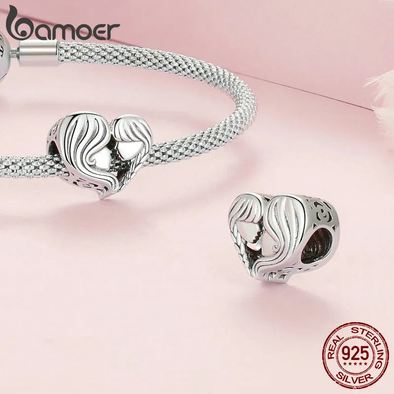 Bamoer 925 Sterling Silver Mother & Daughter Bead Affinity Heart Charm for Women Bracelet Bangle DIY Mother's Day Gift BSC687