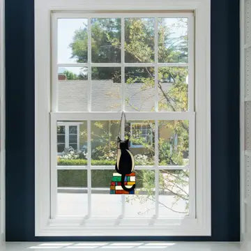 Wall Hanging Stained Glass Black Library Cat Window Panel-Every Girl Loves Sparkles