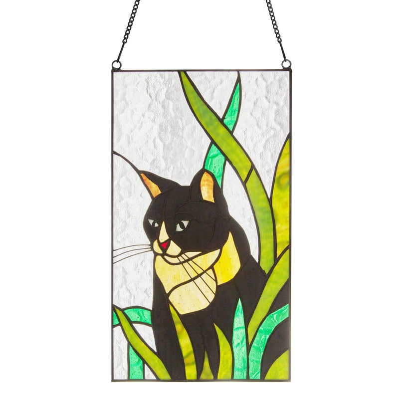 uxedo Cat Stained Glass Window Panel - A clear stained glass panel featuring a charming fat tuxedo cat design