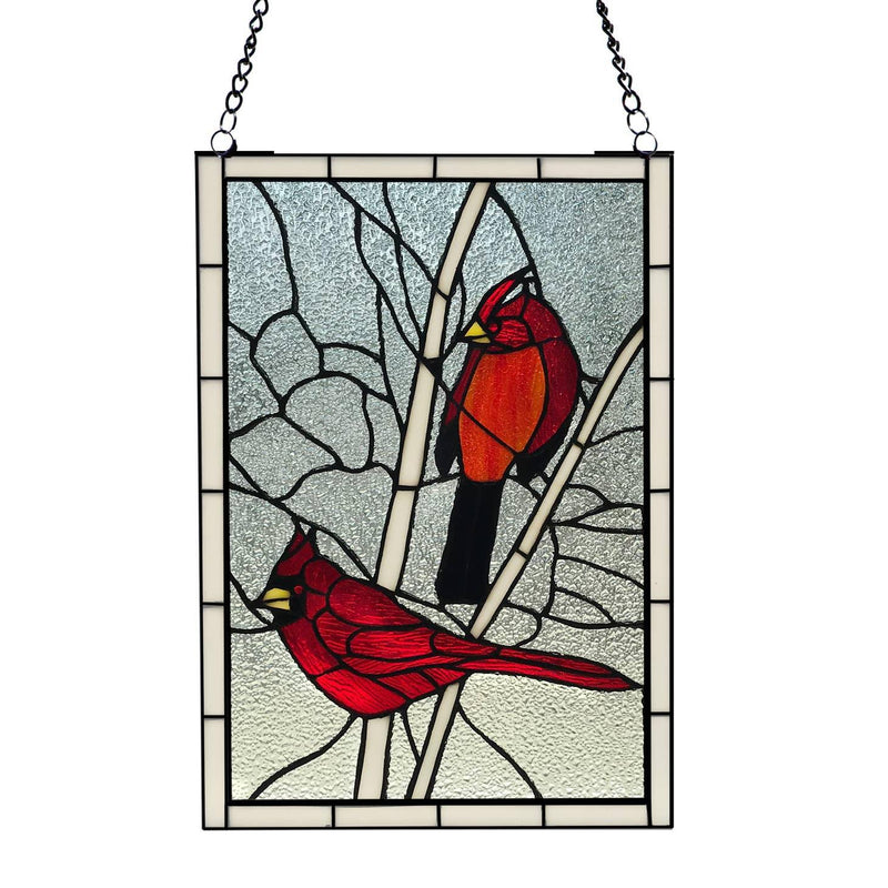 Stained glass panel featuring a vibrant red cardinal, framed and ready to hang for home decoration.