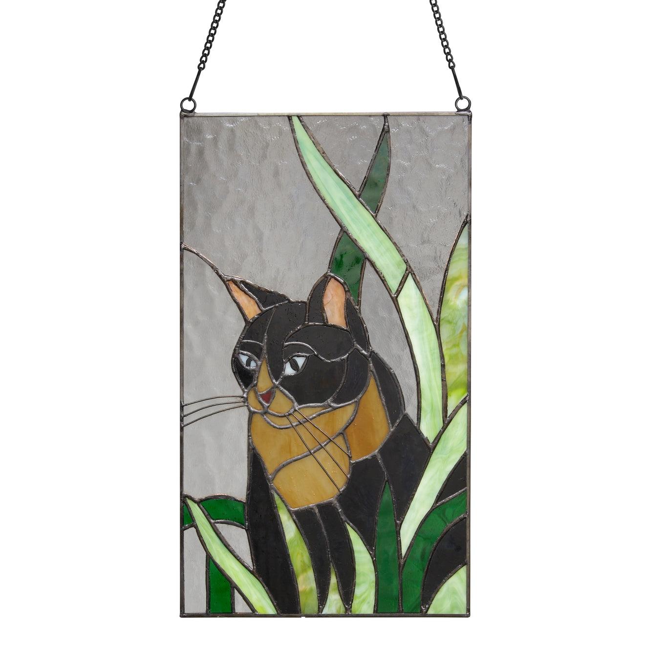 Tuxedo Cat Stained Glass Window Panel - A clear stained glass panel featuring a charming fat tuxedo cat design
